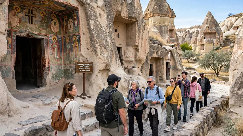 Visitors exploring rock-cut churches and fairy chimneys in Cappadocia