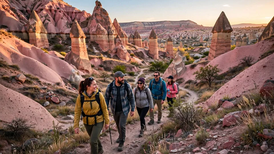 Travelers hiking through the Cappadocia landscape