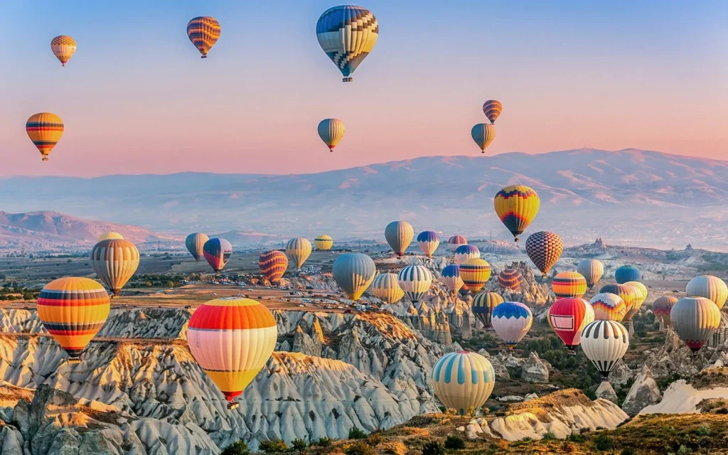 Dozens of hot air balloons above Cappadocia valleys at sunrise