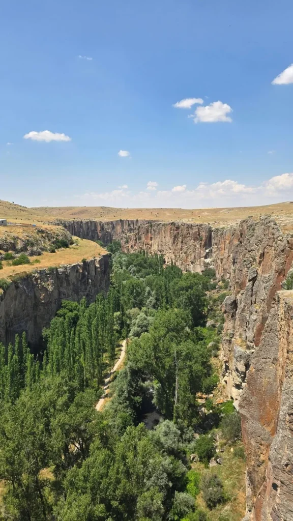 Green Ihlara Valley canyon between high rock walls in Cappadocia