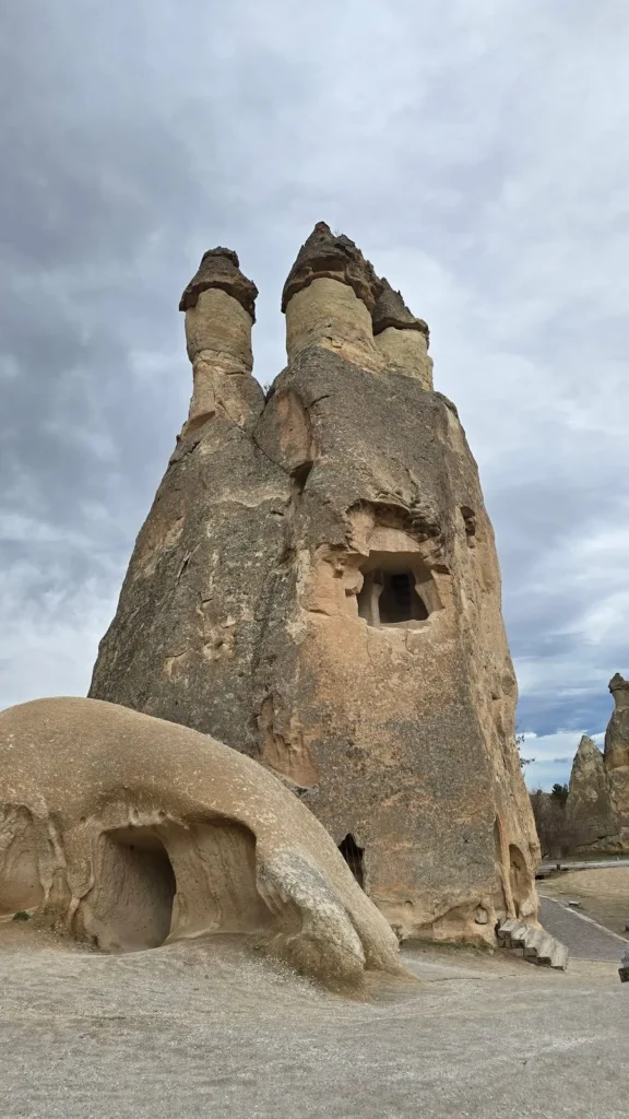 Tall capped fairy chimneys at Pasabag in Cappadocia